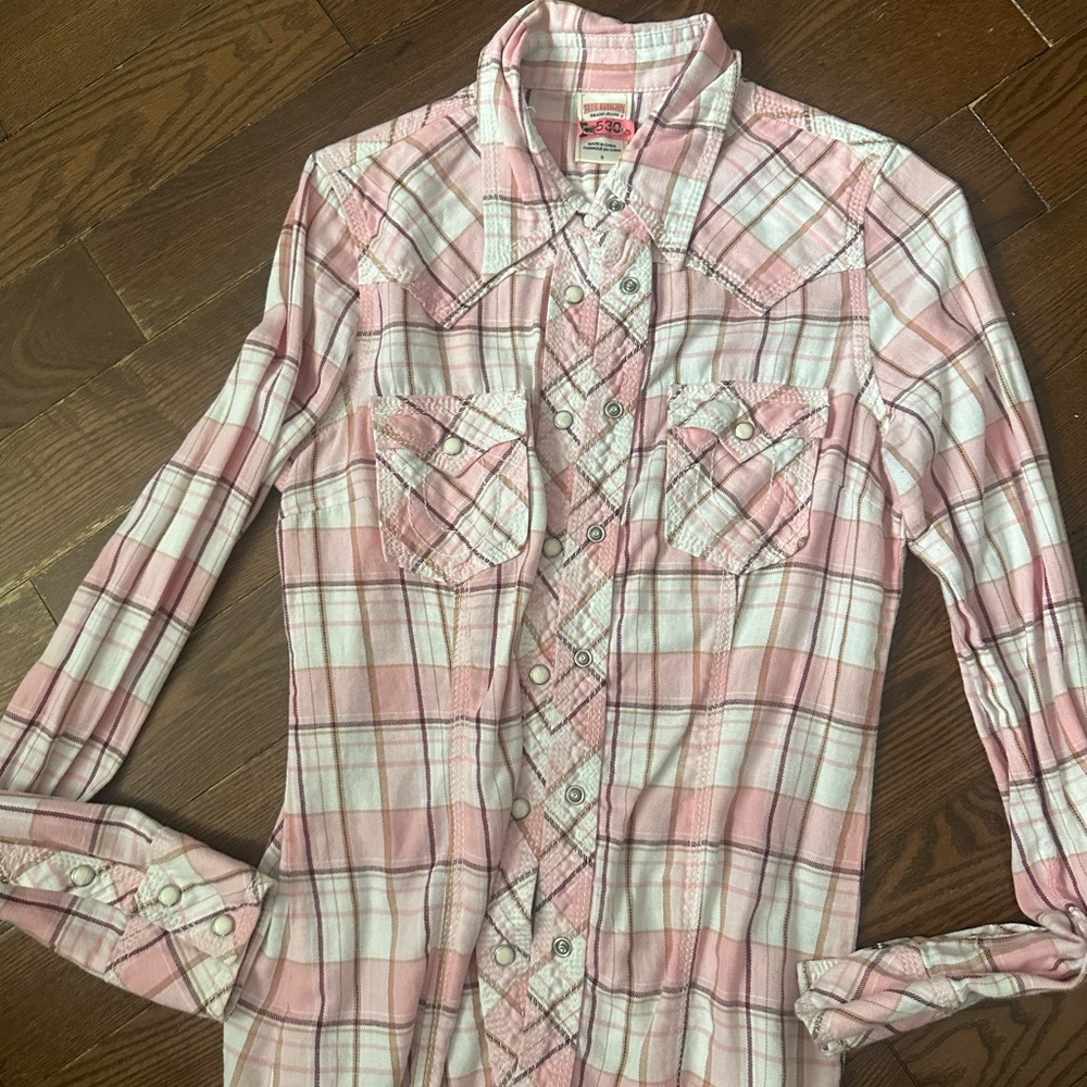 True Religion Pink and White Plaid Button Down Shirt